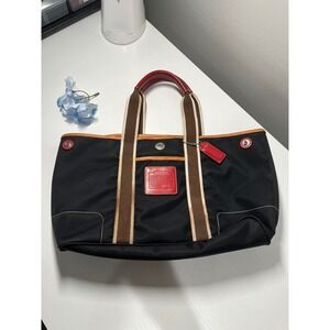 Y2K Coach Hamptons Weekend Tote Bag Black Nylon Red Leather Trim 5078